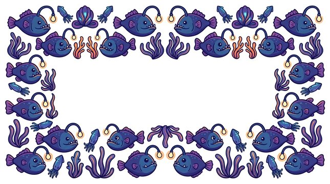Cute cartoon deep sea anglerfish and squid rectangular frame border