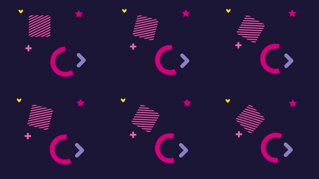 Seamless looping memphis style motion background with pink geometric stars striped squares arrow icons and plus symbols animating smoothly on a dark navy blue background for social media