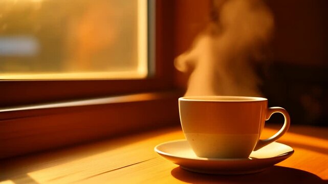 窓辺の木のテーブルで湯気の立つコーヒーカップ 朝の光 くつろぎの背景