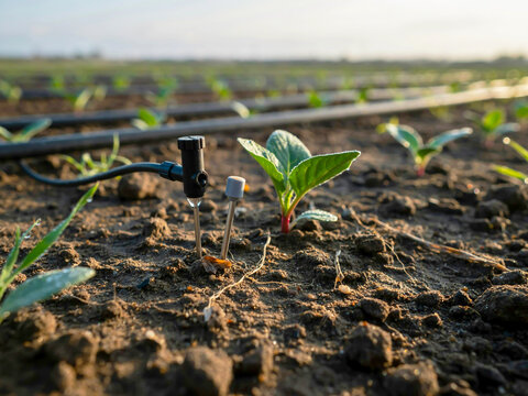 Modern drip irrigation system watering young green sprouts in a fertile agricultural field during sunrise
