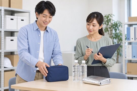 オフィスの防災備蓄品を点検する日本人男女の社員