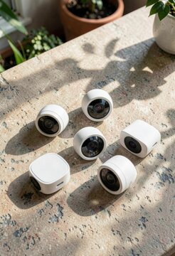 Multiple white smart home security cameras arranged on textured stone windowsill indoors during daytime