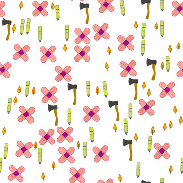 Seamless pattern of band-aids, axes, markers, and leaves