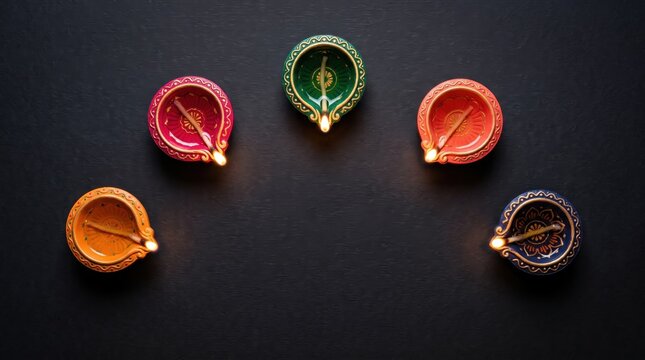 Five colorful clay diya lamps with glowing flames arranged in a semi-circle on a dark black background, for the hindu, festival of diwali celebration