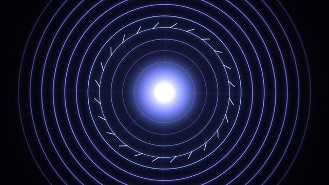 Futuristic glowing neon target radar HUD animation with blue concentric expanding circle wave light effect on black background for sci-fi tech digital display background video element