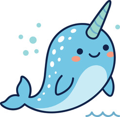 Cute Kawaii Narwhal Vector Illustration Swimming Arctic Whale Character with Horn Marine Life Graphic © MSTYASMINE