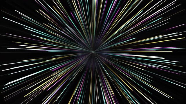 Futuristic hyperspace warp speed motion graphics with colorful light trails bursting outward from a glowing central star in deep black space background for science fiction video productions
