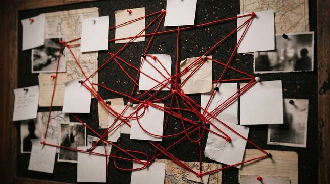 Detective evidence board with red string, vintage investigation corkboard, conspiracy theory photo map concept