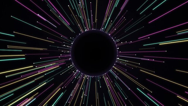 Futuristic neon light speed tunnel burst video background featuring vibrant colorful glowing streak lines radiating outward from a central black circle void portal in dark space animation loop