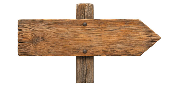 Rustic wooden arrow signpost isolated on white background for directional signage and wayfinding