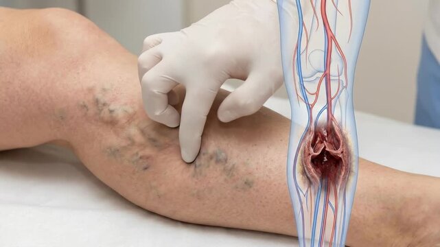 Circulatory system condition: varicose vein, vascular problem, venous insufficiency, spider vein, leg examine, patient consult, blood vessel, medical ailment.