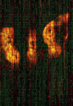 Abstract digital data matrix and binary code stream forming glowing fire shape on dark computer screen background