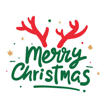 Merry Christmas handwritten lettering vector illustration with red reindeer antlers isolated on white background