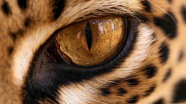 Close up of an ocelot eye with gold iris and spotted fur