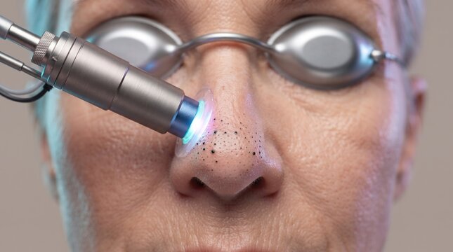 Close up of patient wearing metal eye shields receiving laser treatment on nose for blackheads and pores