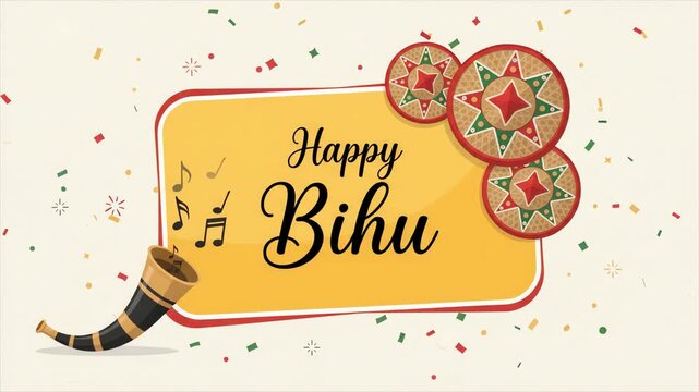 Happy Bihu greeting card illustration featuring textured conical hats and traditional instruments against a bright, colorful festive confetti background.