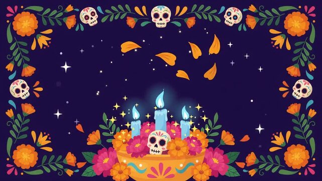 Mexican culture celebration background featuring vibrant orange marigold flowers, glowing cyan candle flames, and decorative white skulls against a deep indigo night sky.