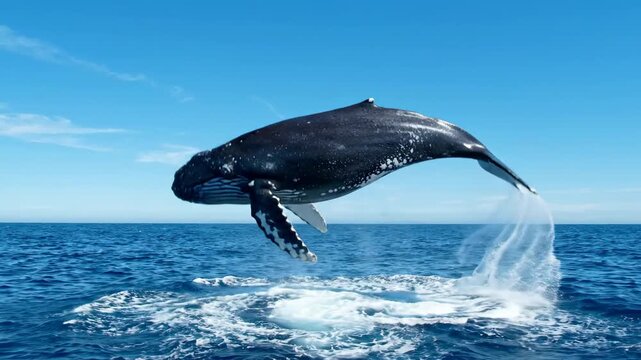 A humpback whale jumps from the ocean, splashing water everywhere.