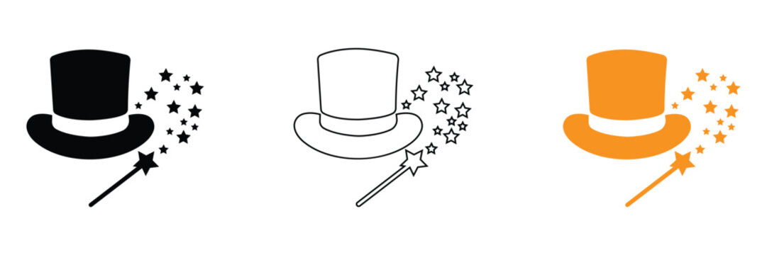 Magician top hat with magic wand and sparkling stars icon set, black outline and orange color magic trick show wizard illusion symbol vector graphic design illustration element