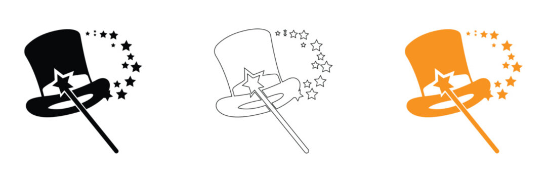 Magic hat with magic wand and sparkling stars icon set, black outline and orange color magician top hat trick vector graphic design illustration element