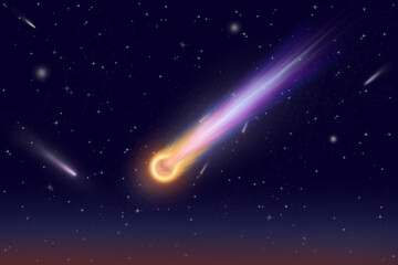 Bright comet, meteorite, galaxy, space background. Space, comet, meteorite, bright flashes of light from comets and meteorites, stars, gas, and cosmic dust against a dark background. Abstract vector i © Liliia