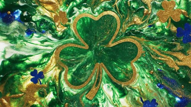 Abstract shamrock design with green and gold paint and additional four-leaf clovers for st patrick's day
