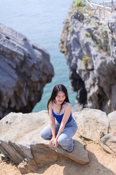 Young Woman Enjoying Scenic View at Koh Si Chang Island, Thailand