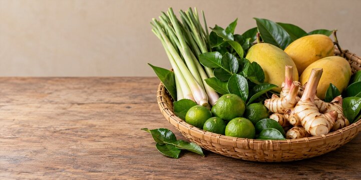 Thai market herbs, limes, galangal and mangoes in a woven basket