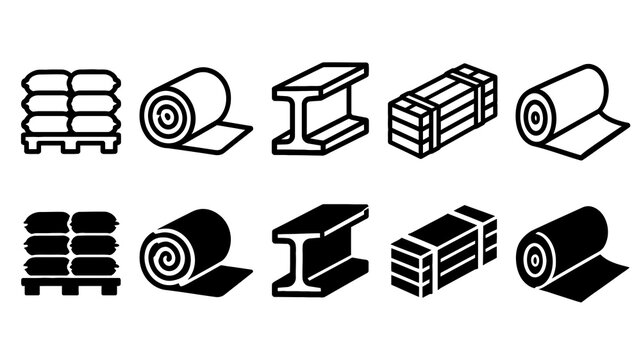 Building Materials paired outline and solid icon set featuring building, materials, cement, insulation, steel, lumber, membrane, construction, industry and supply symbols