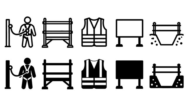 Construction Safety paired outline and solid icon set featuring construction, safety, harness, scaffold, vest, sign, trench, helmet, worker and industry symbols
