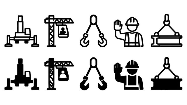 Crane Operations paired outline and solid icon set featuring crane, operations, tower, hooks, operator, load, lifting, construction, industry and safety symbols