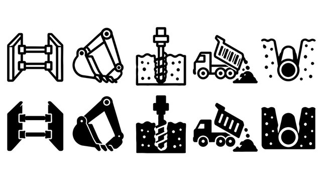 Excavation paired outline and solid icon set featuring excavation, shoring, bucket, drill, truck, pipe, construction, digging, industry and machinery symbols