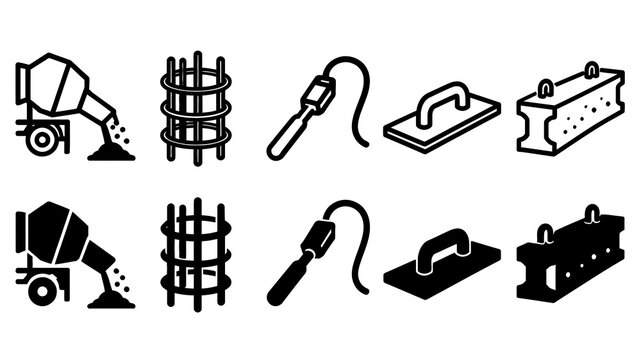 Concrete Work paired outline and solid icon set featuring concrete, mixer, rebar, vibrator, float, beam, construction, building, industry and tools symbols