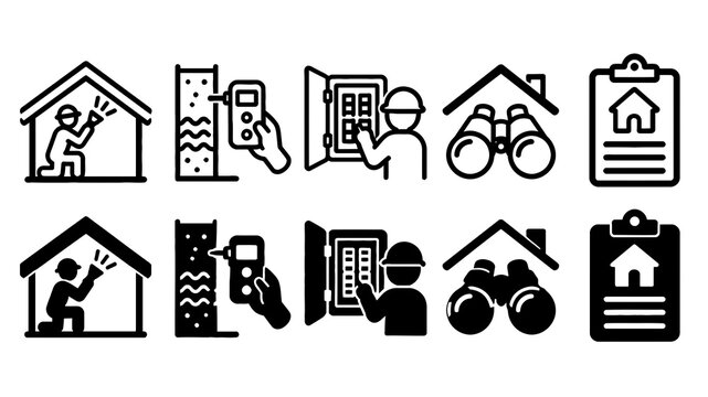 Home Inspection paired outline and solid icon set featuring home, inspection, inspector, moisture, meter, electrical, binoculars, checklist, property and building symbols