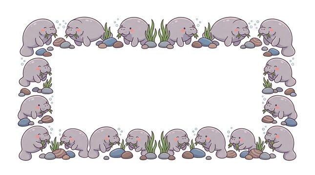 Cute cartoon manatee eating seagrass rectangular frame with copy space