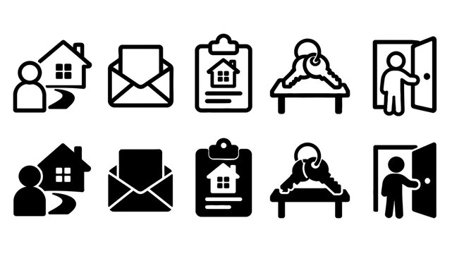 Home Buying paired outline and solid icon set featuring home, buying, buyer, email, listing, keys, contract, property, realestate and finance symbols