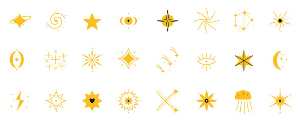 Set of celestial and mystical vector icons including stars, moons, suns, and cosmic elements in a flat design style isolated on transparent background © NURJAHAN