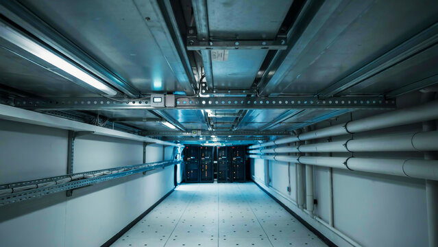 A photograph of a modern data center corridor featuring industrial ceiling lights, server racks, and exposed pipes