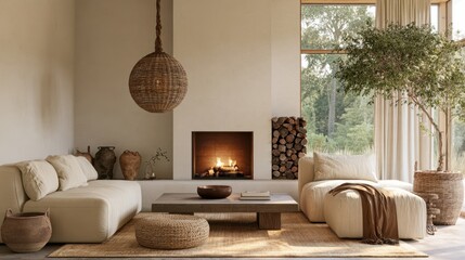 Naklejka premium Cozy modern living room with beige sofa, wooden coffee table, fireplace, natural light, and indoor plants creating warm and inviting atmosphere
