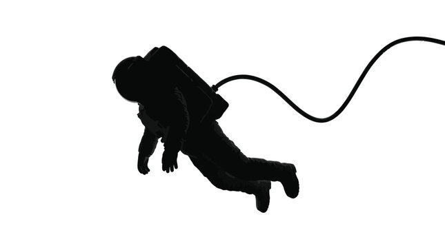 Black silhouette of an astronaut floating in zero gravity against a bright white background