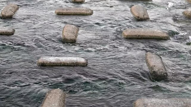 川石の周りを流れる水と小さな泡、穏やかな渓流の動画