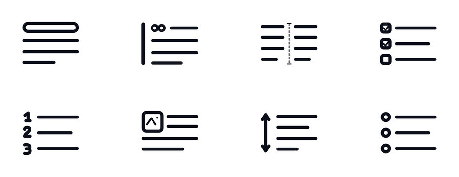 Set of black icons for document editing, text formatting, and lists, isolated on transparent background