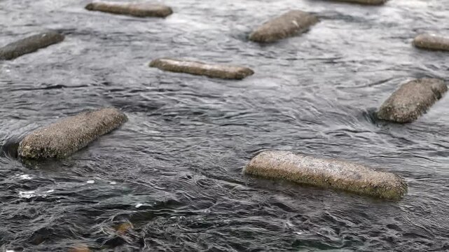 川石の周りを流れる水と小さな泡、穏やかな渓流の動画