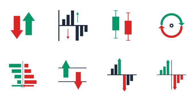 Set of financial and trading icons featuring bar charts, candlesticks, and directional arrows for market analysis and data visualization isolated on transparent background