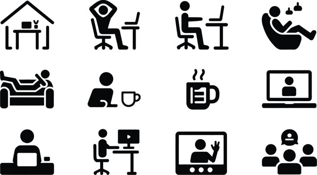 Remote work lifestyle pictograms illustrating people working from home on laptops drinking coffee and participating in virtual video conferences.