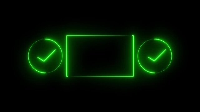 Glowing green neon rectangle frame with circular check marks on the sides isolated on a transparent background for modern digital interface design elements and creative graphic projects