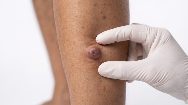 Doctor examining a firm raised nodule on a patient's leg, likely a dermatofibroma or prurigo nodularis