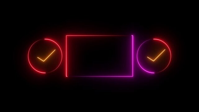 Glowing neon rectangle frame with two circular check mark icons on the sides featuring vibrant light lines against a dark black background for modern digital design graphics