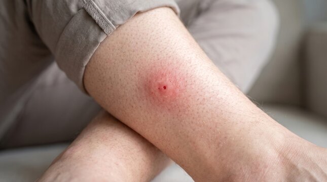 Close up of a severely inflamed and red insect bite or spider bite on a person's leg