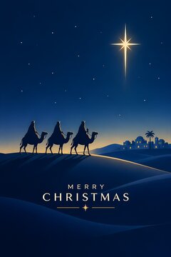 Three wise men traveling on camels under a bright star in the desert at night, merry christmas vector illustration